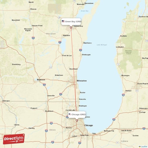 Green Bay - Chicago direct flight map