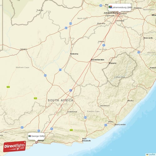 George - Johannesburg direct flight map