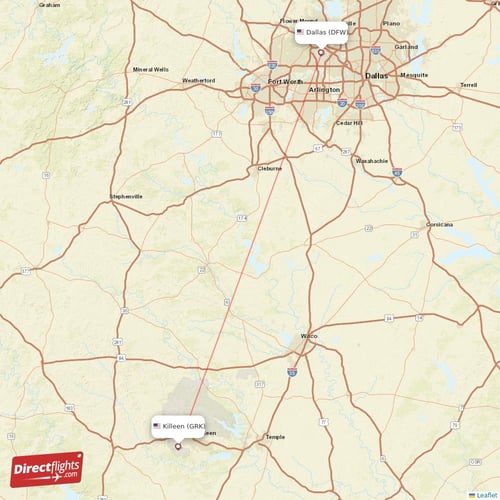 Killeen - Dallas direct flight map