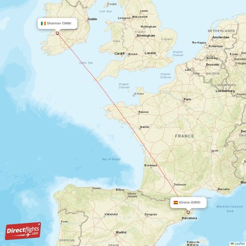 Girona - Shannon direct flight map