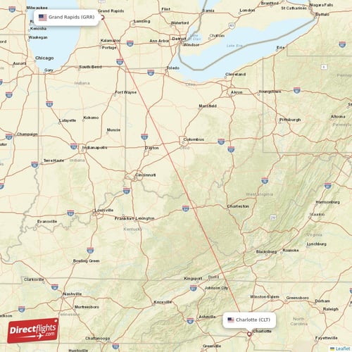 Grand Rapids - Charlotte direct flight map