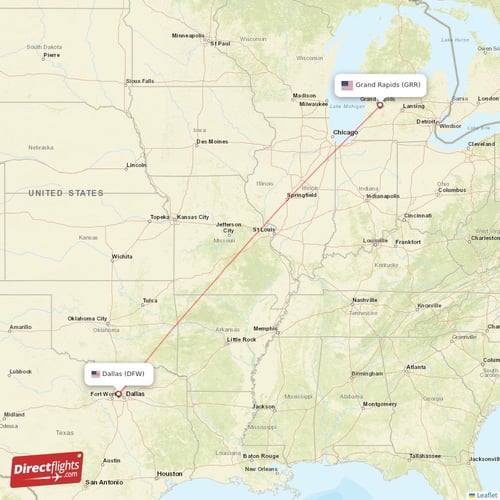 Grand Rapids - Dallas direct flight map