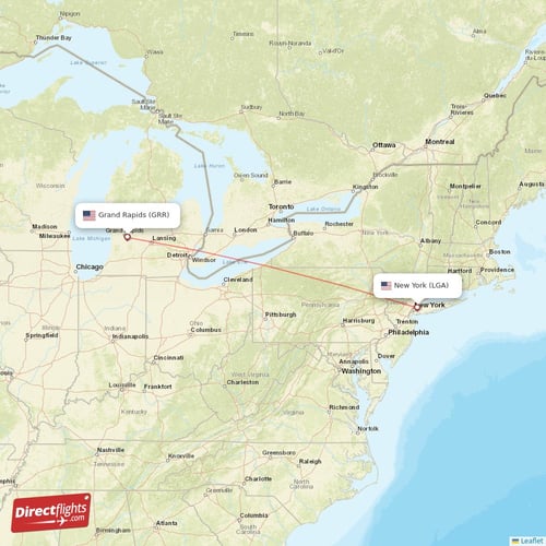 Grand Rapids - New York direct flight map