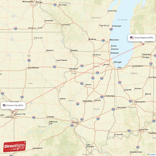 Grand Rapids - Kansas City direct flight map