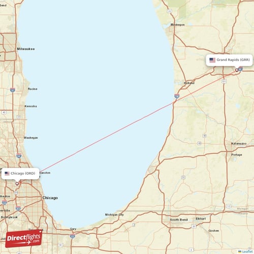 Grand Rapids - Chicago direct flight map