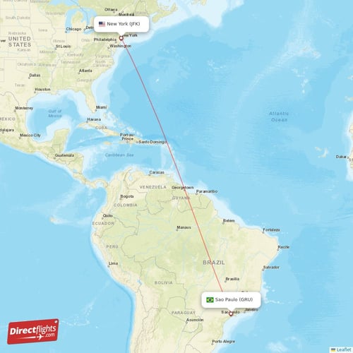 Sao Paulo - New York direct flight map