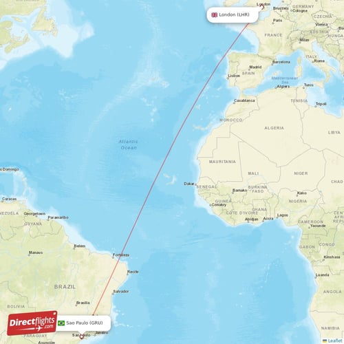 Sao Paulo - London direct flight map