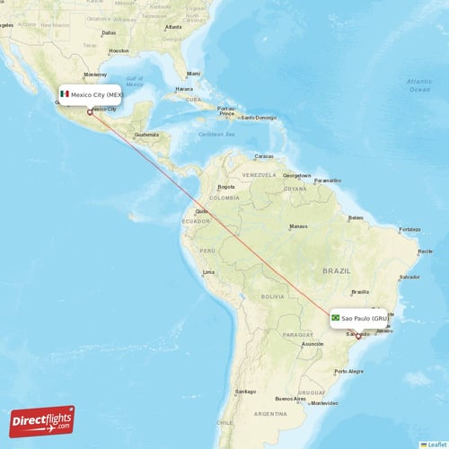 Sao Paulo - Mexico City direct flight map