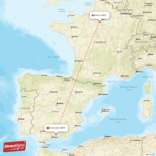 Granada - Paris direct flight map