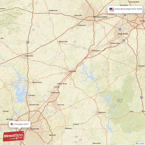 Greensboro/High Point - Charlotte direct flight map