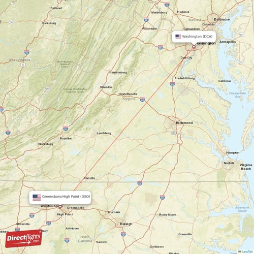 Greensboro/High Point - Washington direct flight map