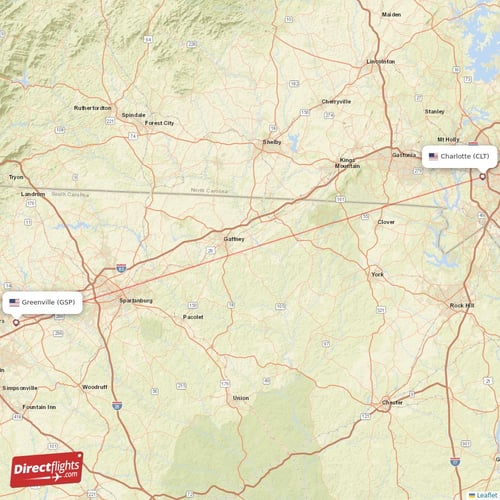 Greenville - Charlotte direct flight map