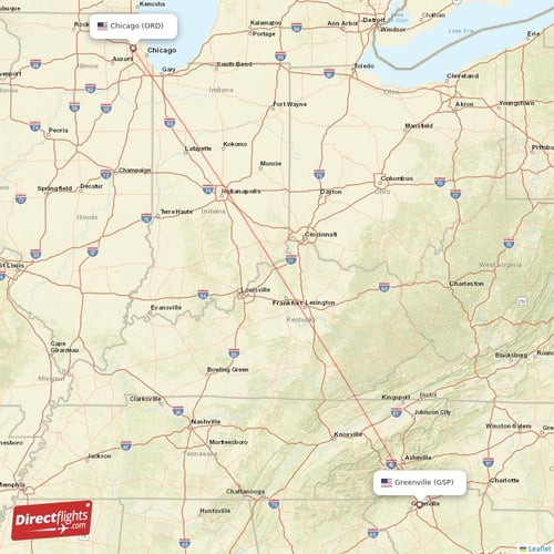Greenville - Chicago direct flight map