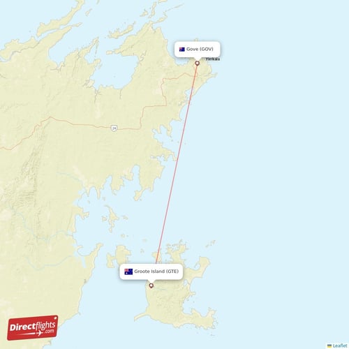 Direct flights from Groote Island to Gove, GTE to GOV non-stop