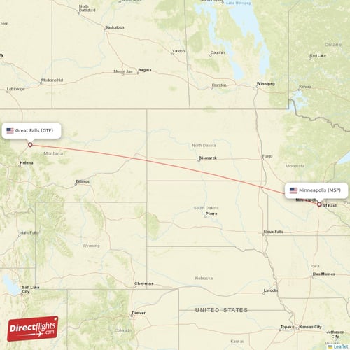 Great Falls - Minneapolis direct flight map