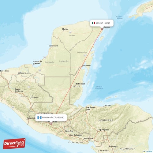 Guatemala City - Cancun direct flight map