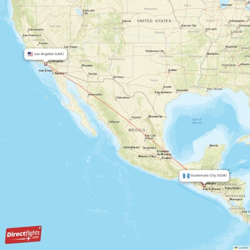 Guatemala City - Los Angeles direct flight map