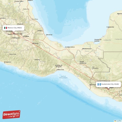 Guatemala City - Mexico City direct flight map