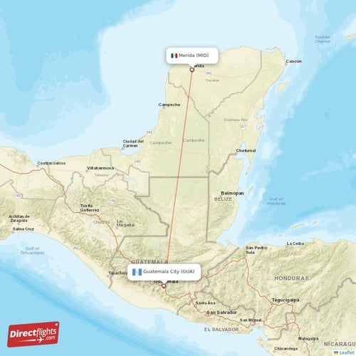 Guatemala City - Merida direct flight map