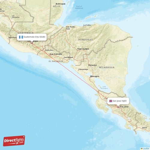 Guatemala City - San Jose direct flight map