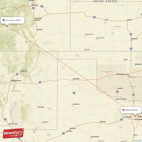 Gunnison - Dallas direct flight map