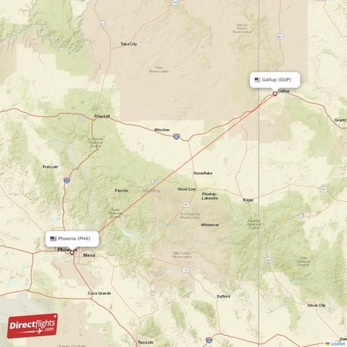 Gallup - Phoenix direct flight map