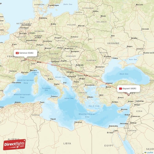 Geneva - Kayseri direct flight map