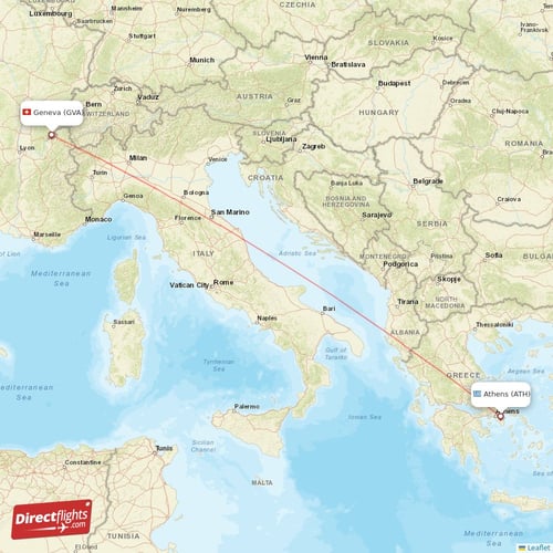 Geneva - Athens direct flight map
