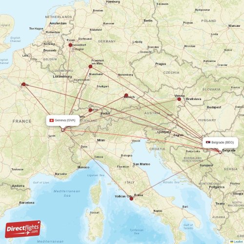 Geneva - Belgrade direct flight map