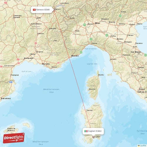 Geneva - Cagliari direct flight map