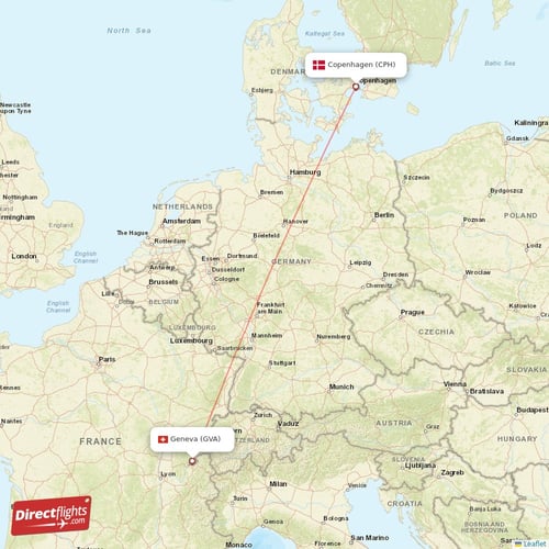 Geneva - Copenhagen direct flight map