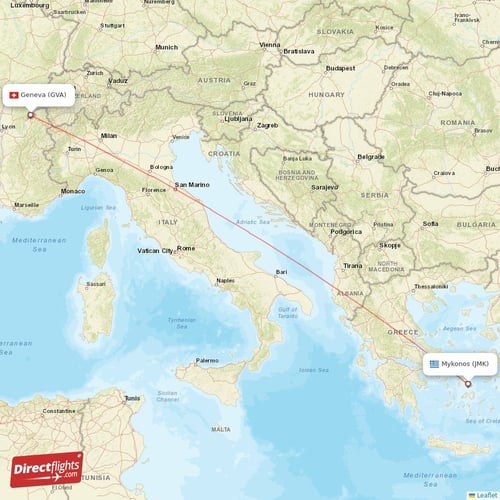 Geneva - Mykonos direct flight map