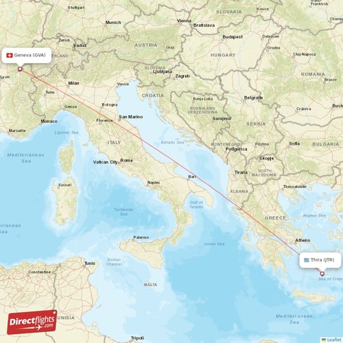 Geneva - Thira direct flight map