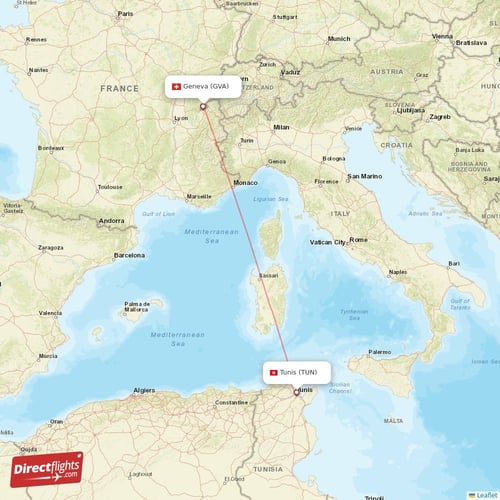 Geneva - Tunis direct flight map
