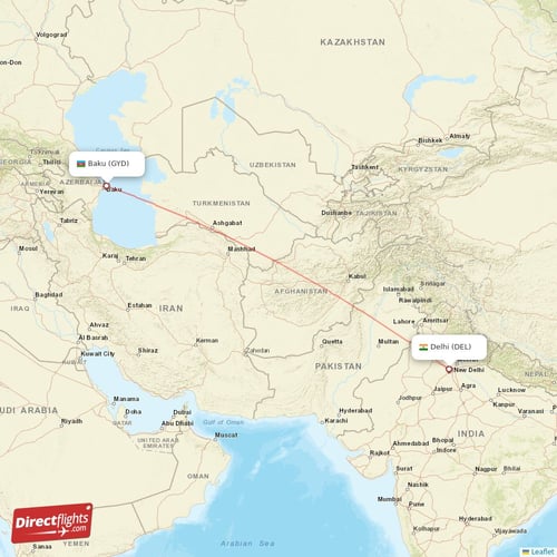 Baku - Delhi direct flight map