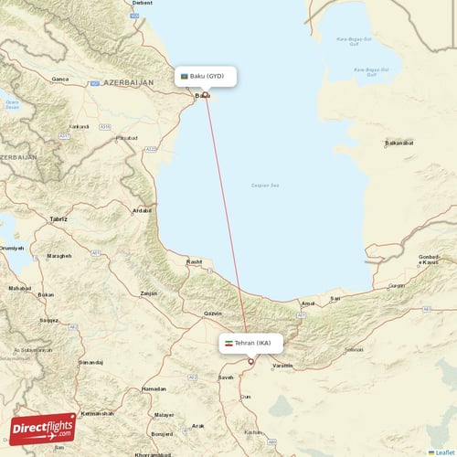 Baku - Tehran direct flight map