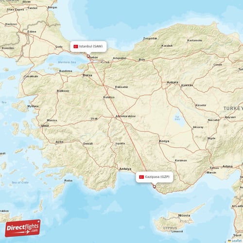 Gazipasa - Istanbul direct flight map
