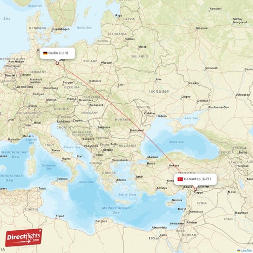 Gaziantep - Berlin direct flight map