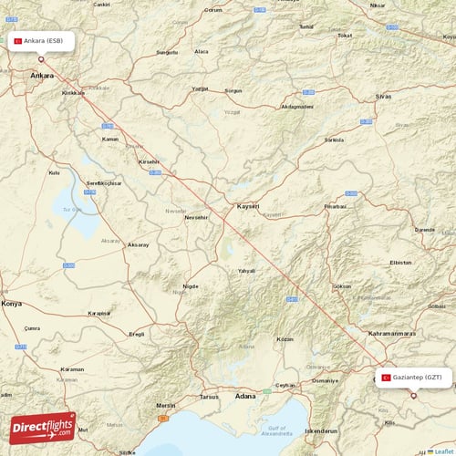 Gaziantep - Ankara direct flight map