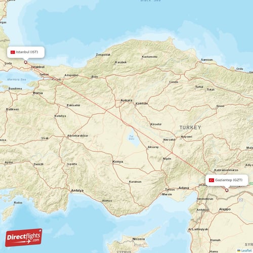 Gaziantep - Istanbul direct flight map