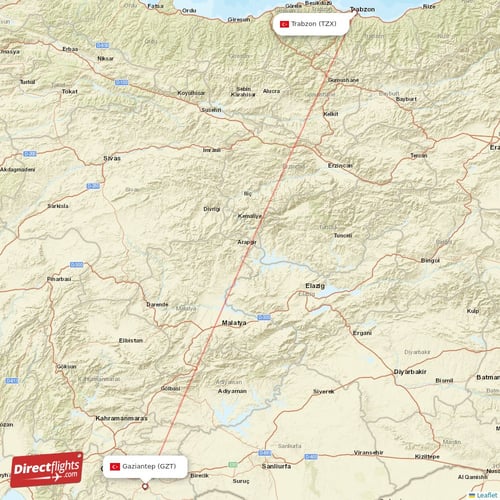 Gaziantep - Trabzon direct flight map