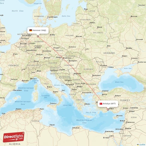Hanover - Antalya direct flight map
