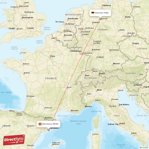 Hanover - Barcelona direct flight map