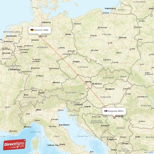 Hanover - Belgrade direct flight map