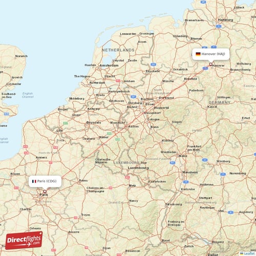 Hanover - Paris direct flight map