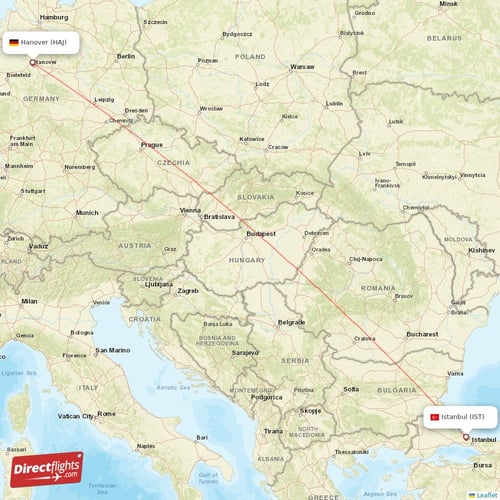 Hanover - Istanbul direct flight map