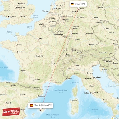 Hanover - Palma de Mallorca direct flight map