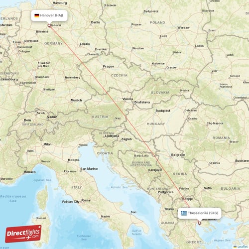 Hanover - Thessaloniki direct flight map