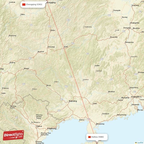 Haikou - Chongqing direct flight map