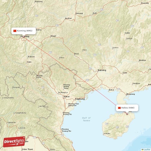 Haikou - Kunming direct flight map